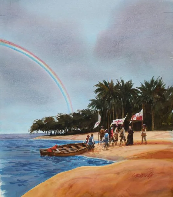 Columbus Coming Ashore by Tom McNeely, Watercolor, sold Jul 2020