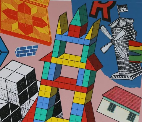 Dan Fern, Toy Building Blocks, mixed media on Illustration Board