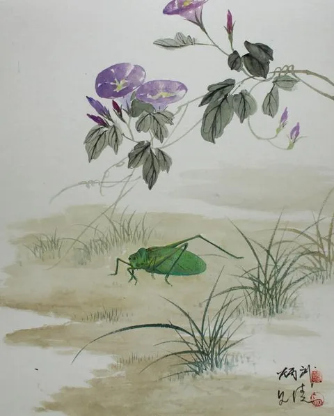 Yan Bingwu, True Katydid, Watercolor on Silk