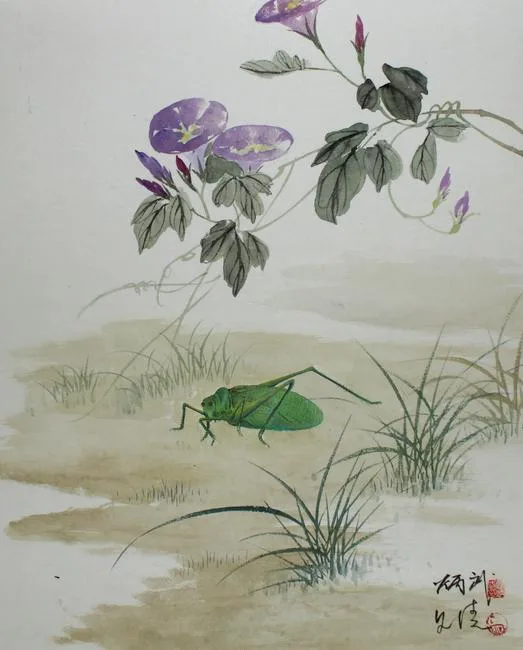 True Katydid by Yan Bingwu, Watercolor on Silk, sold Jul 2020