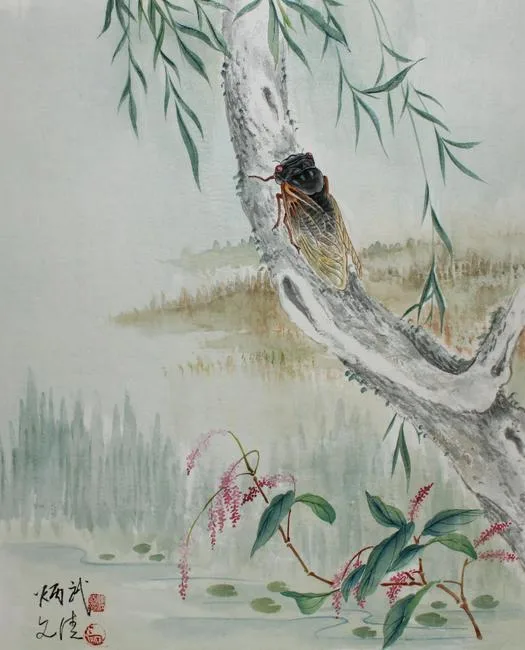 Periodical Cicada by Yan Bingwu, Watercolor on Silk, sold Jul 2020