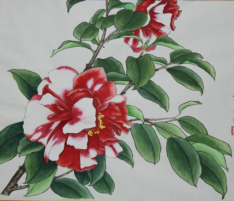 Red Variegated Camellias by Ren Yu, Watercolor, sold Jul 2020