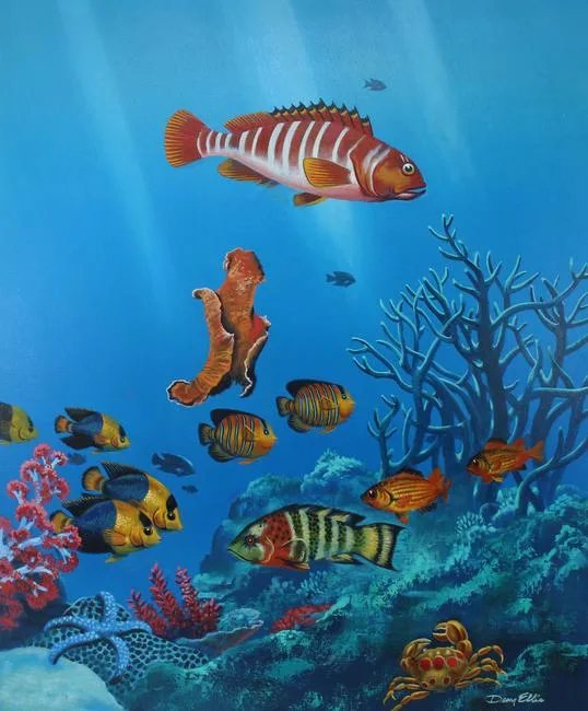Tropical Fish by Dean Ellis, Oil on Masonite, sold Jul 2020