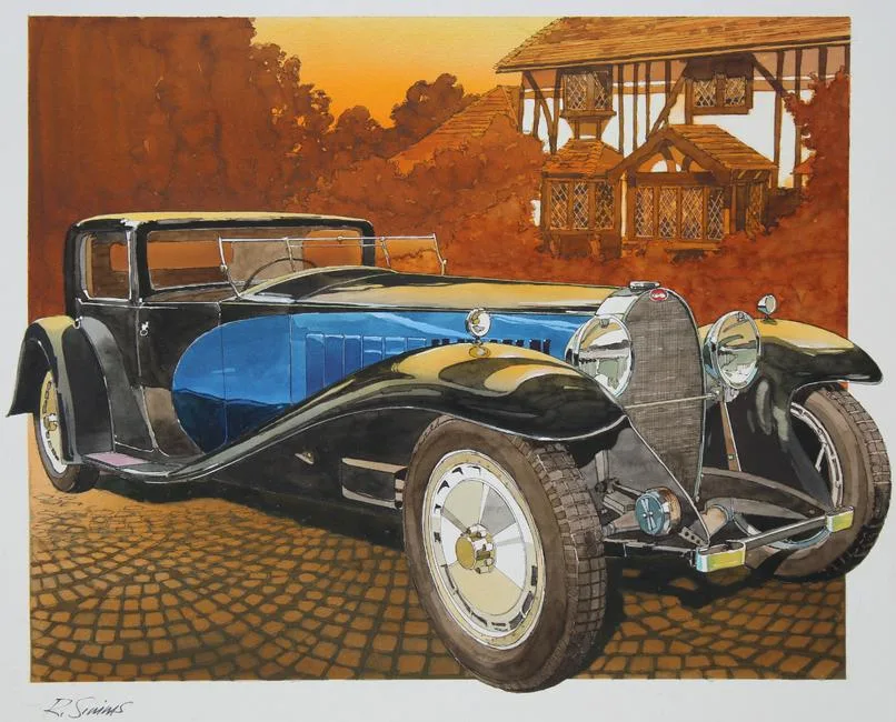 Dick Simms, Bugatti Royale, Type 41, Watercolor on Illustration Board