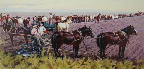 Ivan Akimovich Sushchenko, Harvesting in the West, Oil on Masonite