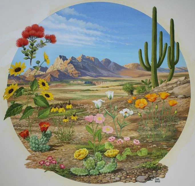 Desert Flowers by Chuck Ripper, Gouache/Watercolor on Masonite, sold Jul 2020