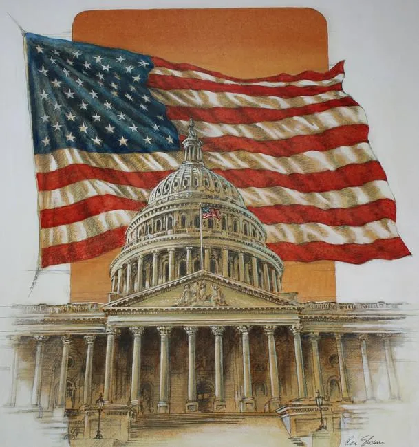 U.S. Flag Behind Capitol by Ron Sloan, Mixed Media on Illustration Board, sold Jul 2020