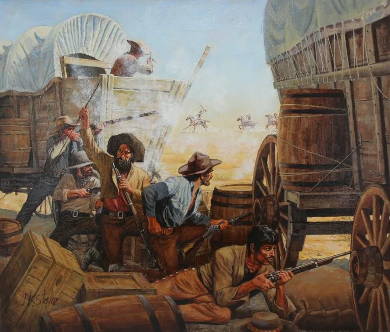 Wagon Train under Attack by David K. Stone, Oil on Canvas, sold Aug 2020