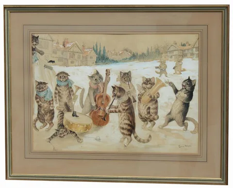 Louis Wain, Carol Singing, mixed media