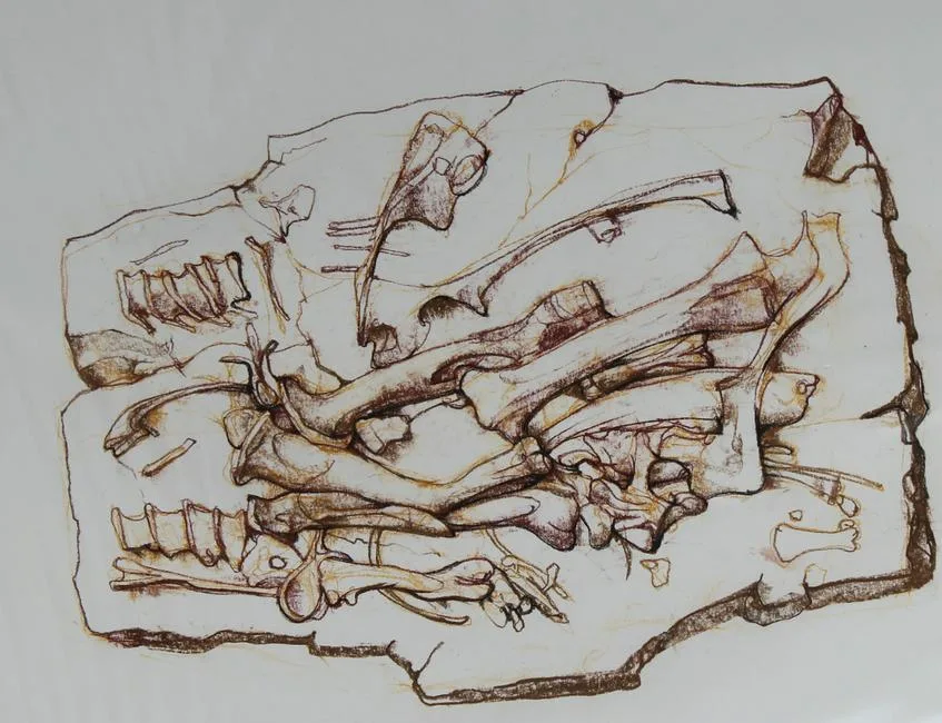 Dinosaur Bones by Bryan Kneale, Mixed Media on Illustration Board, sold Aug 2020