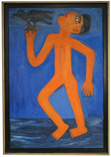 Madhvi Parekh, Boy playing with bird, oil on canvas