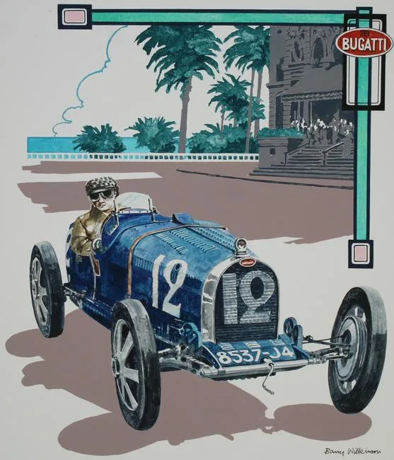 Monaco -- 1929 Bugatti Type 35B by Barry Wilkinson, Watercolor on Illustration Board, offered Aug 2020
