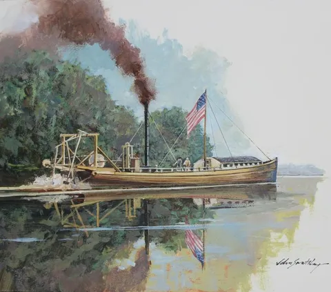 Steamboat Experiment (1788-1790) by John Swatsley, Oil on Illustration Board, sold Aug 2020