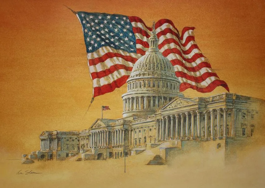 Ron Sloan, U.S. Flag over Capitol Building, Mixed Media on Illustration Board