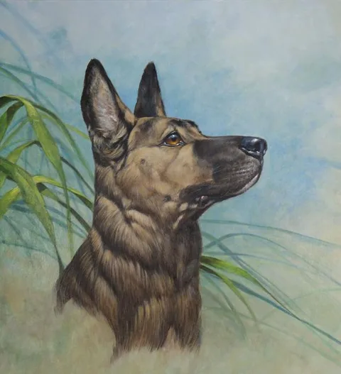 Roger Cruwys, Officer Reza, Police Dog, Mixed Media on Illustration Board