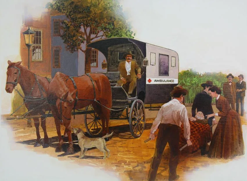 Early Ambulance by Dick Simms, Mixed Media on Illustration Board, sold Aug 2020