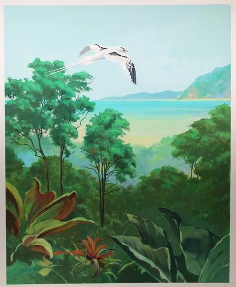 White-tailed Tropical Bird Flying over Rainforest by John Swatsley, Oil on Illustration Board, offered Aug 2020