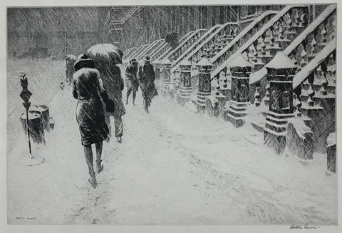 Martin Lewis, Stoops in the Snow, Drypoint