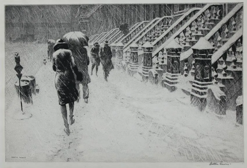 Stoops in the Snow by Martin Lewis, Drypoint, sold Oct 2020