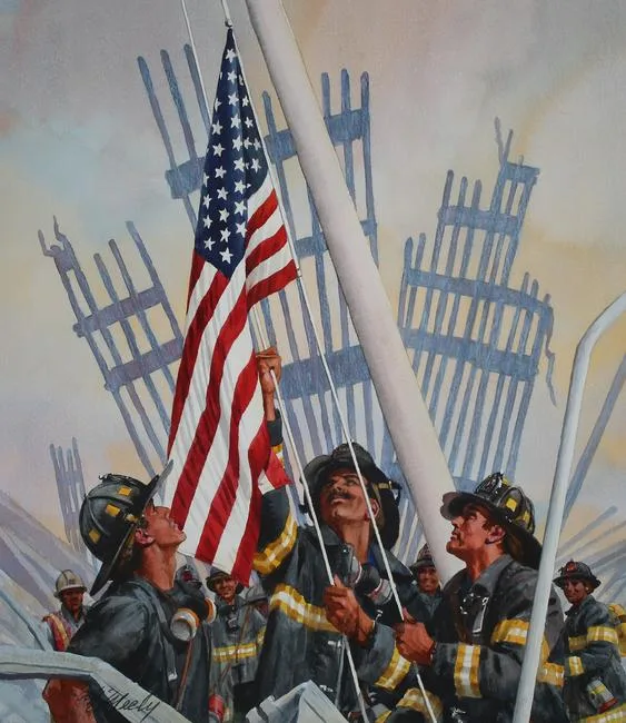 Firemen Raising Flag over Rubble by Tom McNeely, Watercolor on Paper, sold Oct 2020