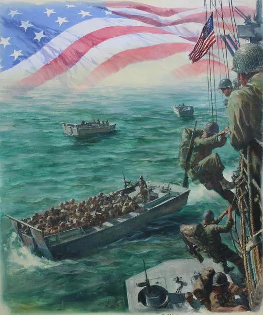 Troops Land at Normandy by Dennis Lyall, Oil on Canvas board, sold Oct 2020
