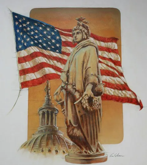 Ron Sloan, U.S. Flag and Statue of Freedom, Mixed Media on Illustration Board