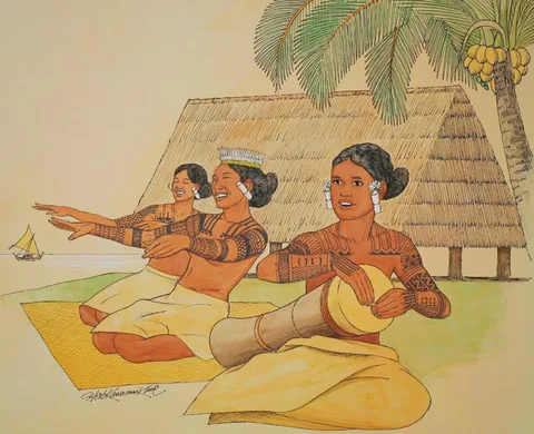 Herb Kawainui Kane, 1800s Life in the Marshalls - Drummers & Dancers, Mixed Media on Illustration Board