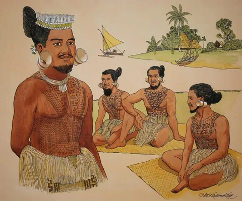 Herb Kawainui Kane, 1800s Life in the Marshalls - Young Chiefs, Mixed Media on Illustration Board