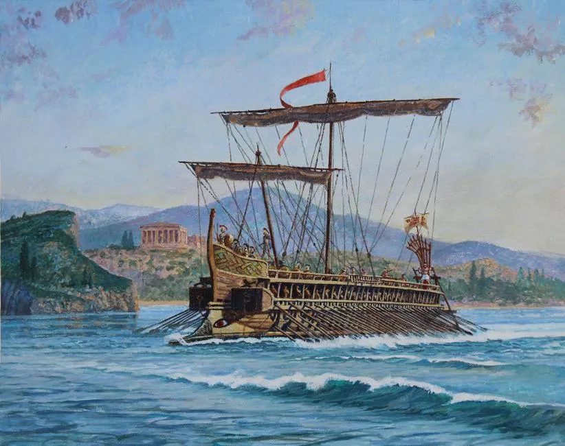Trireme Galley by Brian Sanders, Oil on masonite, sold Oct 2020