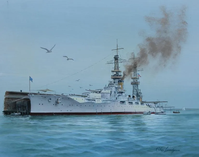 U.S.S. Oklahoma by Charles Lundgren, Oil on Masonite, sold Oct 2020