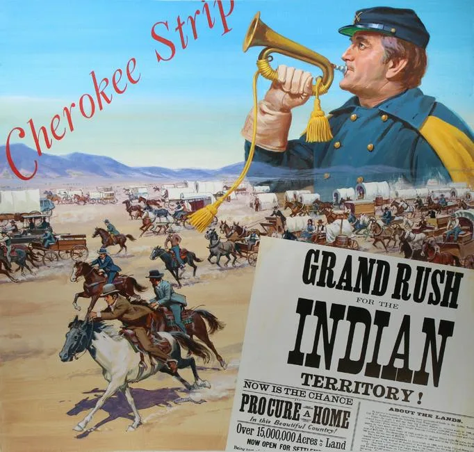 Oklahoma Land Rush by Edward Vebell, Acrylic on Illustration Board, sold Oct 2020