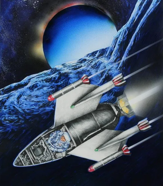 Space Men Rendezvous by Chris Calle, Mixed Media on Illustration Board, sold Oct 2020