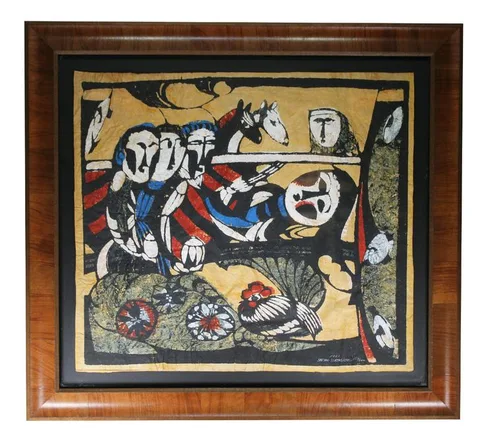 Sadao Watanabe, The Nativity, Color woodblock on crinkled Momigami paper