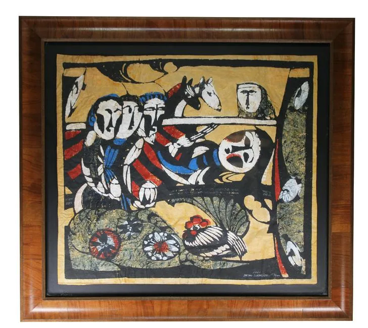 The Nativity by Sadao Watanabe, Color woodblock on crinkled Momigami paper, offered Oct 2020