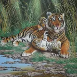 R.G. Finney, Mother Tiger and Cubs Lying in Grass
