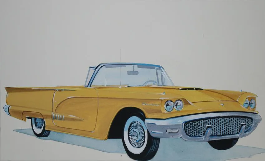 1958 Thunderbird Convertible by Robert Seabeck, Mixed Media on Paper, sold Oct 2020