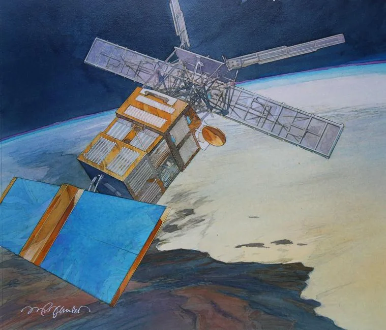 European Remote Sensing Satellite by Mark Schuler, Mixed Media on Illustration Board, offered Oct 2020