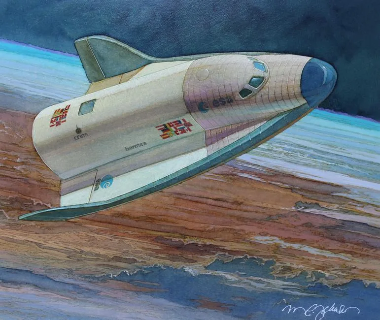 Hermes Spaceplane by Mark Schuler, Mixed Media on Illustration Board, sold Oct 2020