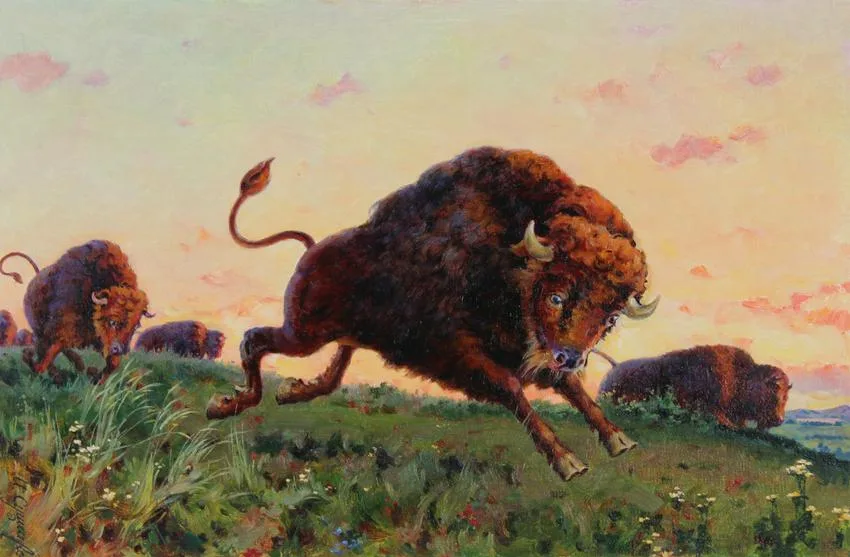 North American Bison by Ivan Akimovich Sushchenko, Oil on Masonite, sold Oct 2020