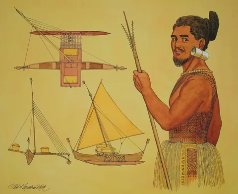 Herb Kawainui Kane, 1800s Life in the Marshalls - Tattooed Warrior, Mixed Media on Illustration Board