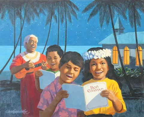 Herb Kawainui Kane, Marshall Islands Christmas Carolers, Acrylic on Illustration Board