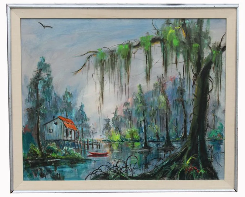 W.E. Dwyer, Cabin in Bayou, Oil on Board