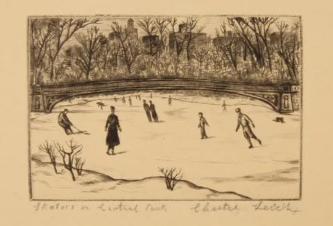 Chester Leich, Skaters in Central Park, Etching