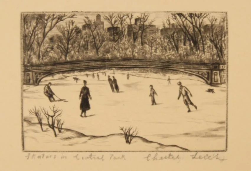 Chester Leich, Skaters in Central Park, Etching