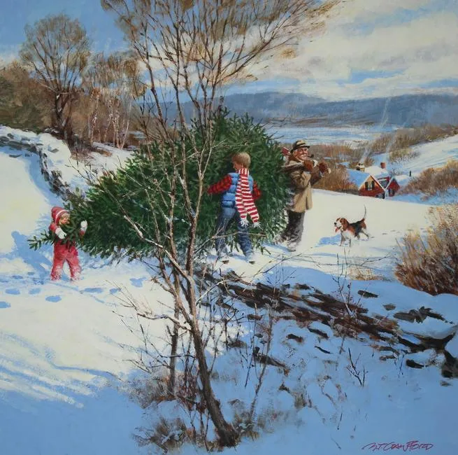 Bringing Home the Tree by Mel Crawford, Oil on Illustration Board, sold Nov 2020