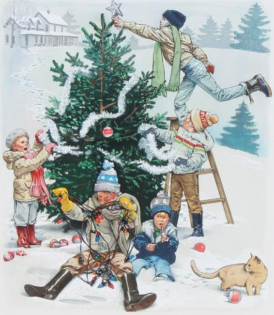 Trimming the Tree by Jim Butcher, Mixed Media on Illustration Board, sold Nov 2020