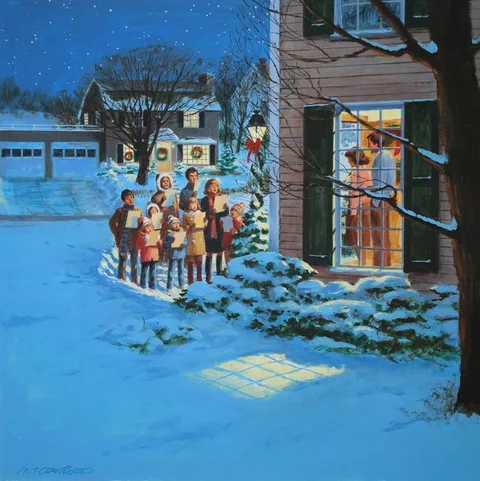 Mel Crawford, Christmas Carolling, Mixed Media on Illustration Board