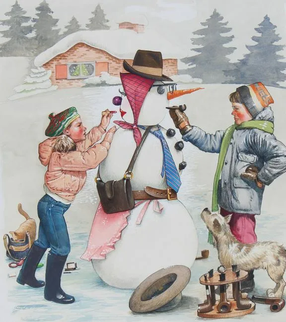Building a Snowman by Jim Butcher, Mixed Media on Illustration Board, sold Nov 2020