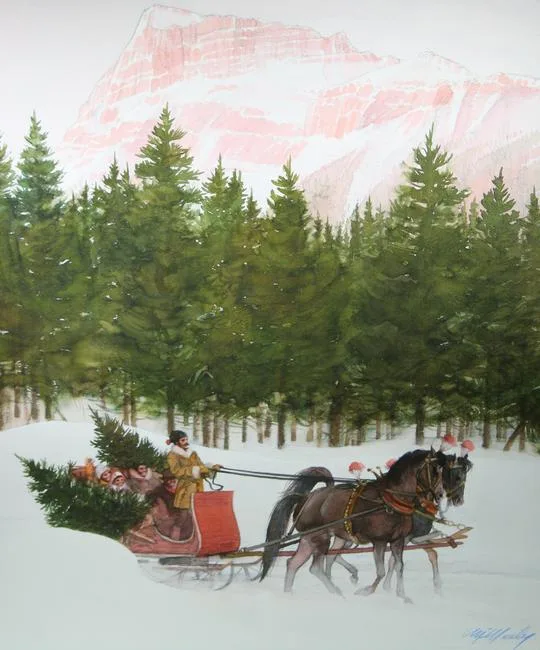 Tom McNeely, Bringing Home a Christmas Tree in Sleigh, Watercolor on Paper