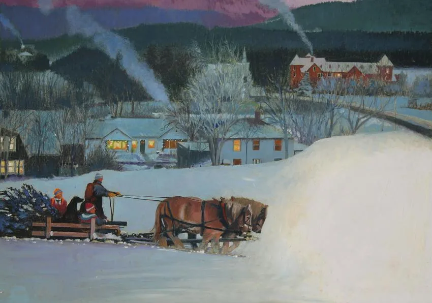 Jim Butcher, Bringing the Christmas Tree Home, Oil on Masonite
